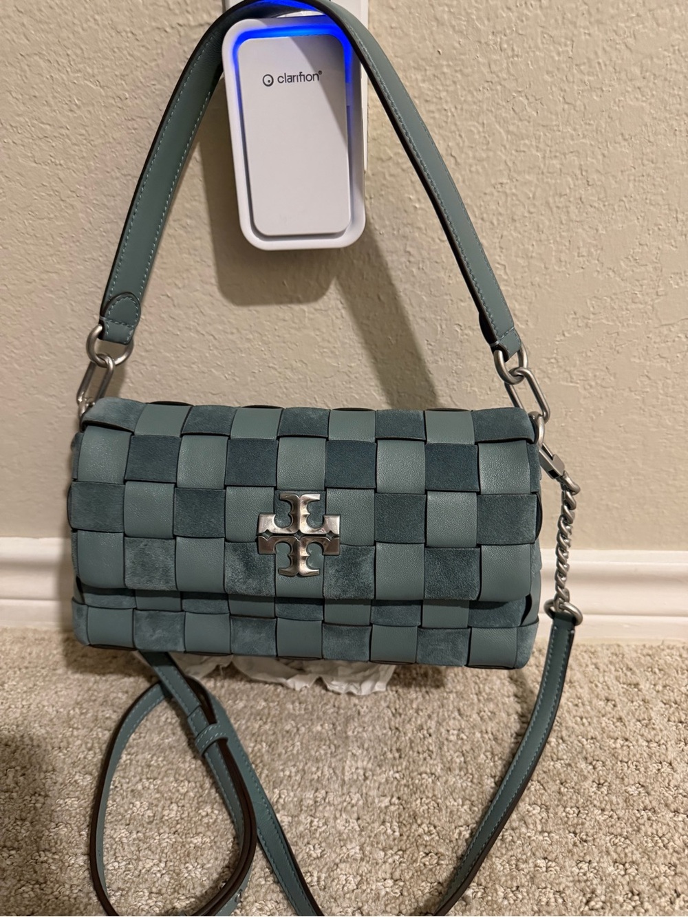 Like new! Tory Burch Kira woven suede & leather in arctic (teal) color